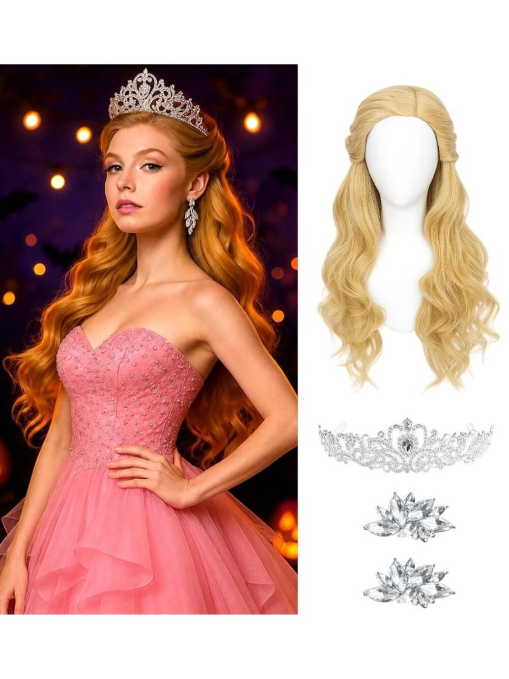 Women's Blonde Curls Cosplay Convenient Set Include Adjustable Wig Cap Headpiece